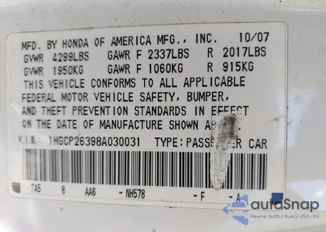 2008 Honda Accord 2.4 Lx from USA, damaged, VIN 1HGCP26398A030031